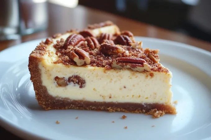 Delicious pecan pie cheesecake with a creamy topping and pecan garnish