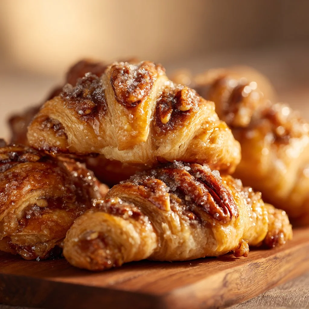 Pecan pie crescents arranged on a plate showcasing their flaky texture and toppings.