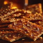 Pecan Toffee Crackers on a serving platter with a festive background