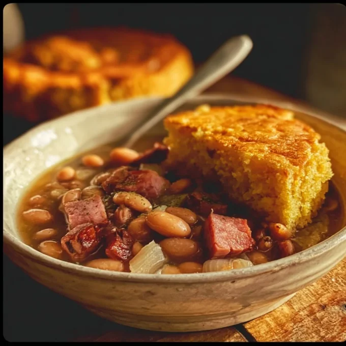 Bowl of Pintos with Ham served alongside fried potatoes and cornbread