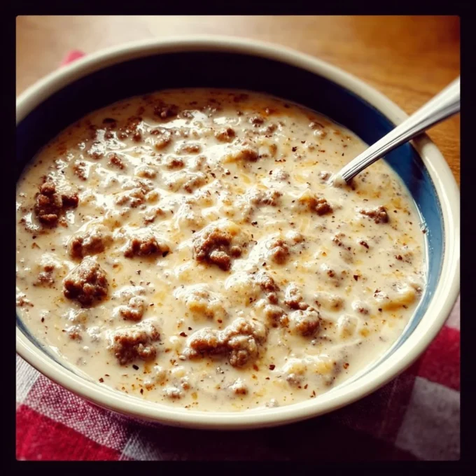 Pioneer Woman-style sausage gravy served with biscuits.