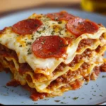 A serving of Pizza Lasagna topped with melted cheese and fresh herbs.