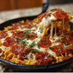 Delicious Pizza Lasagna Skillet Bake garnished with fresh herbs and cheese.