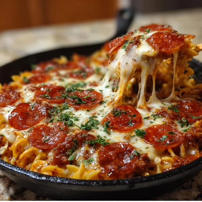 Delicious Pizza Lasagna Skillet Bake garnished with fresh herbs and cheese.