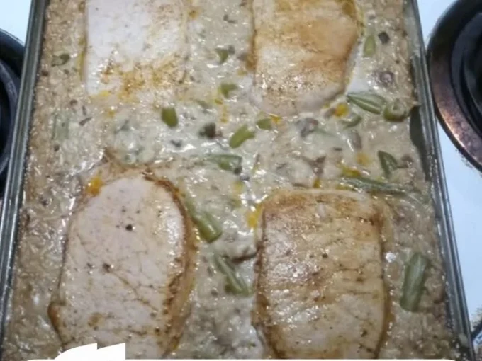 Delicious Pork Chop Casserole served in a baking dish