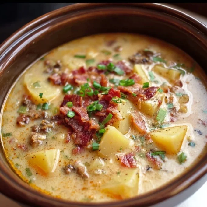 Delicious Potato Bacon Soup in a crockpot garnished with fresh herbs