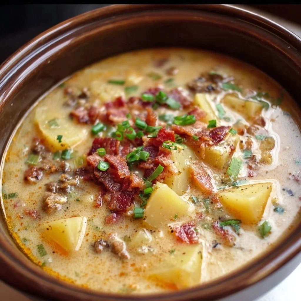 Delicious Potato Bacon Soup in a crockpot garnished with fresh herbs