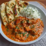 Bowl of homemade butter chicken with rice and naan bread