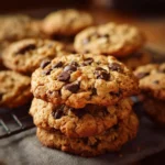 Close-up of delicious Rice Krispie chocolate chip cookies with a soft chewy texture.