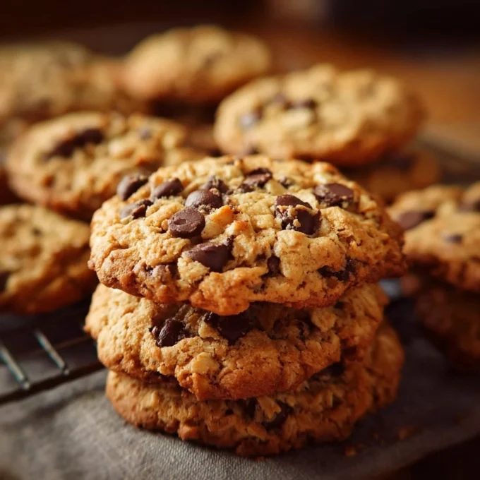 Close-up of delicious Rice Krispie chocolate chip cookies with a soft chewy texture.
