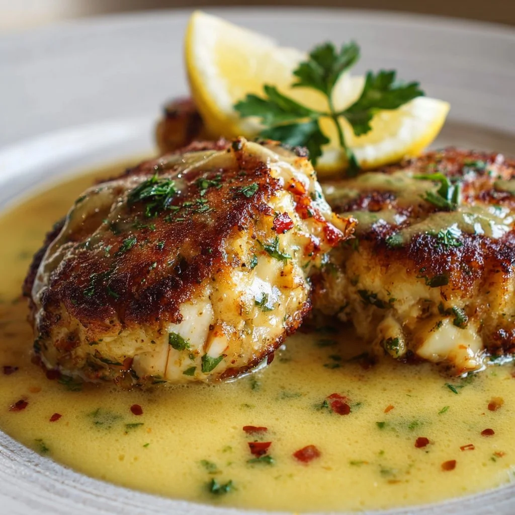 Ruth's Chris crab cakes served with lemon butter sauce on a plate