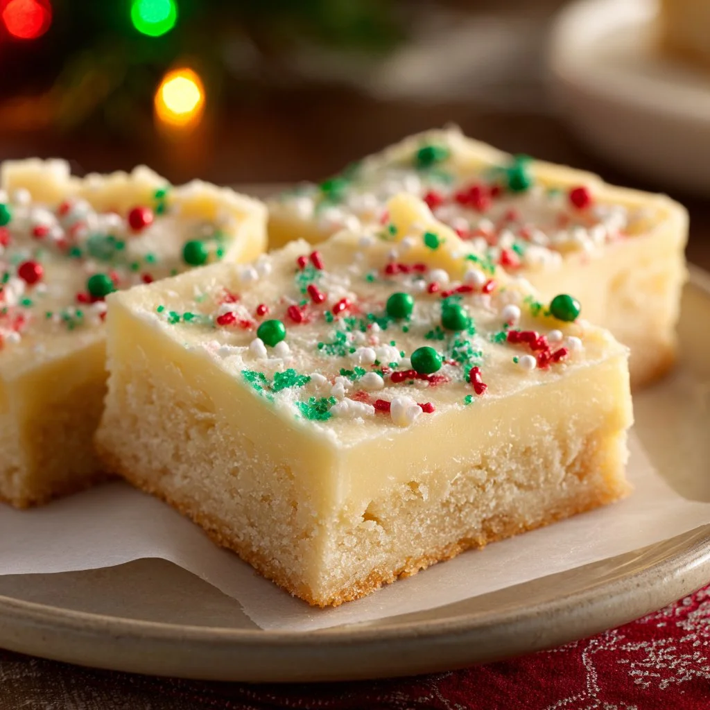 Delicious no-bake sugar cookie bars topped with festive decorations.