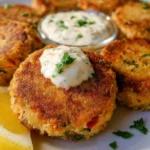 Deliciously seasoned savory salmon croquettes served with dipping sauce.
