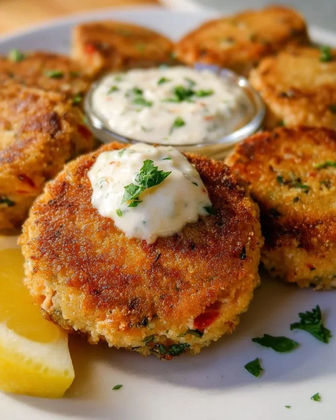 Deliciously seasoned savory salmon croquettes served with dipping sauce.