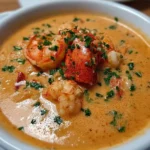 Delicious Seafood Bisque made with crab, shrimp, and lobster in a creamy broth.