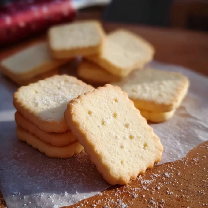 A plate of homemade shortbread cookies fresh out of the oven.