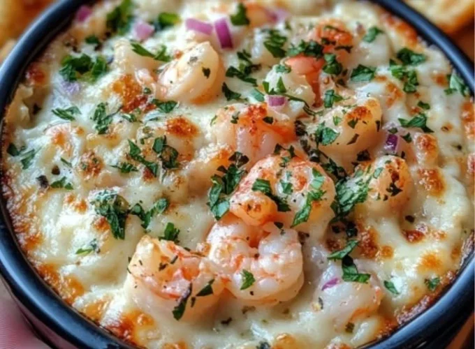 Shrimp and crab queso dip served in a bowl with tortilla chips for dipping
