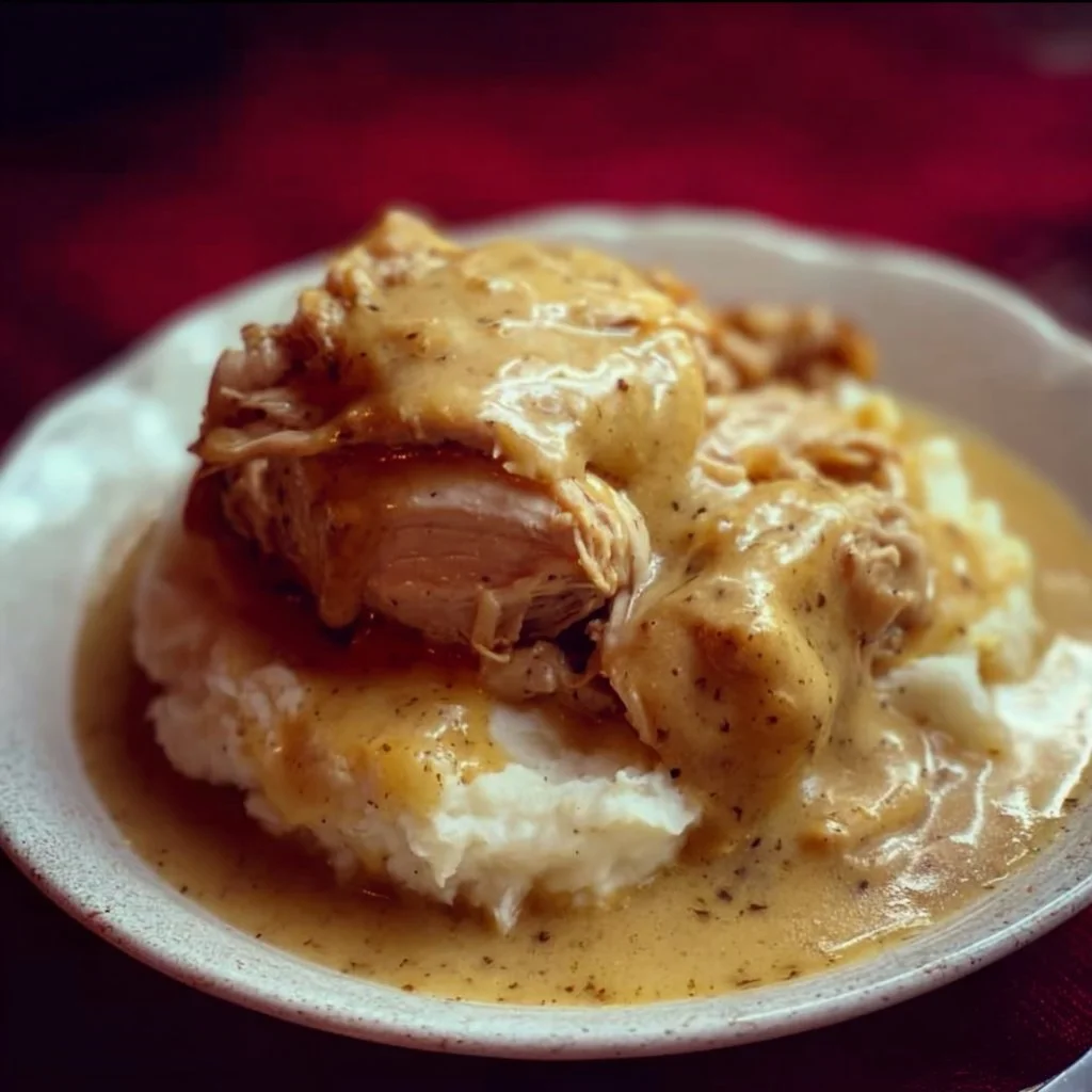 Delicious slow cooked chicken served with creamy gravy
