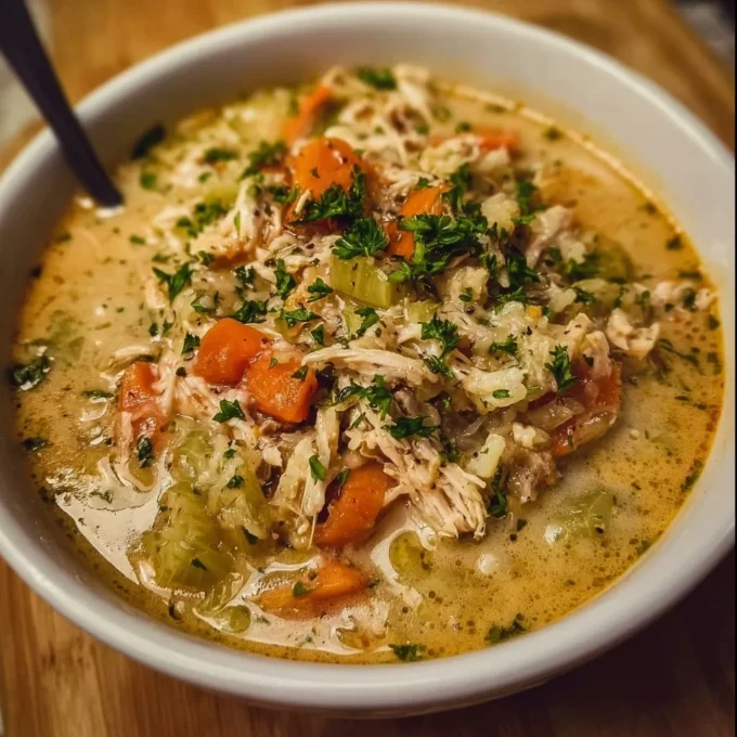 Bowl of slow cooker turkey soup with fresh herbs and vegetables