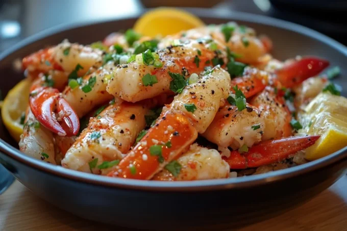 Plate of succulent Snow Crab Legs with garlic butter sauce