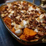 Southern Maple Sweet Potato Casserole topped with a crunchy pecan streusel