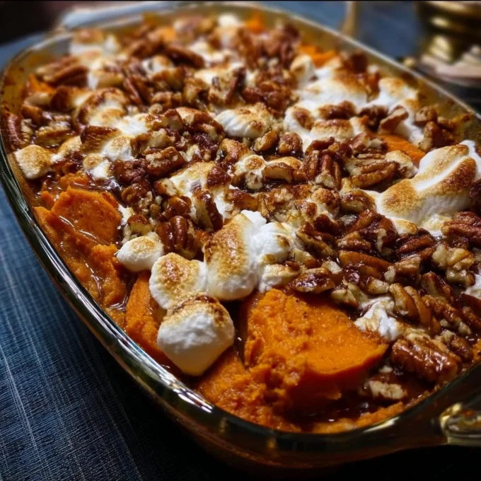 Southern Maple Sweet Potato Casserole topped with a crunchy pecan streusel