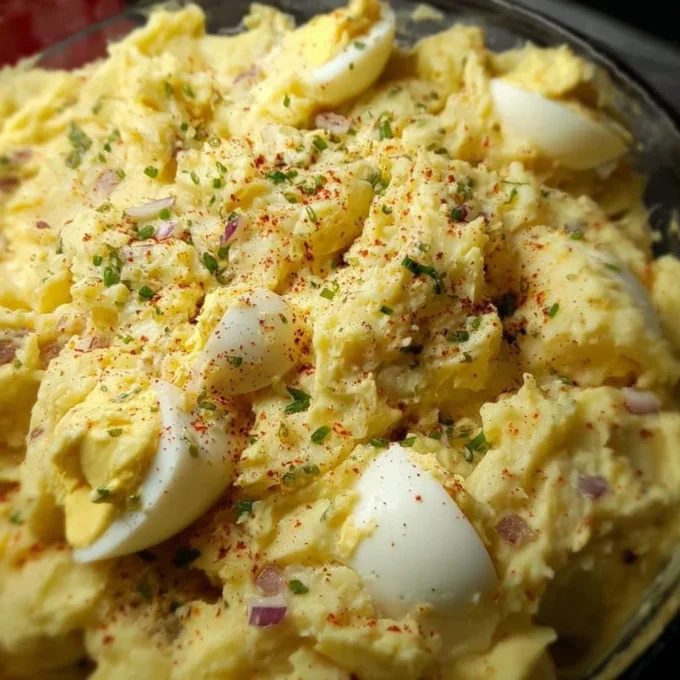 Bowl of creamy Southern potato salad garnished with herbs