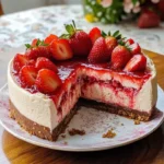Strawberry cheesecake layer cake with fresh strawberries and creamy frosting