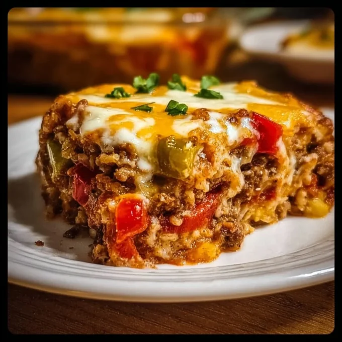Delicious stuffed pepper casserole topped with melted cheese and fresh herbs