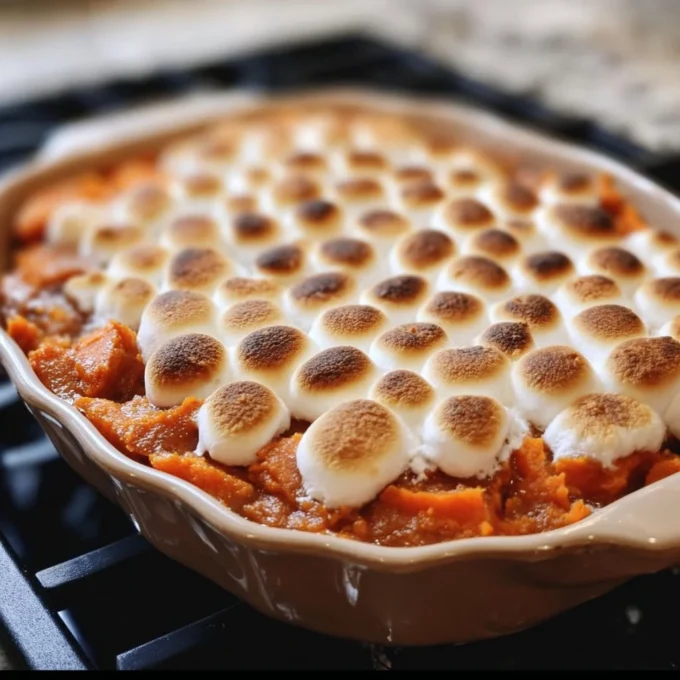 Delicious sweet potato casserole topped with crunchy pecans and marshmallows.