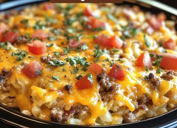 Delicious Taco Casserole with hashbrowns made in a crock pot