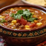 A bowl of delicious Taco Soup Cold garnished with fresh herbs and avocado.