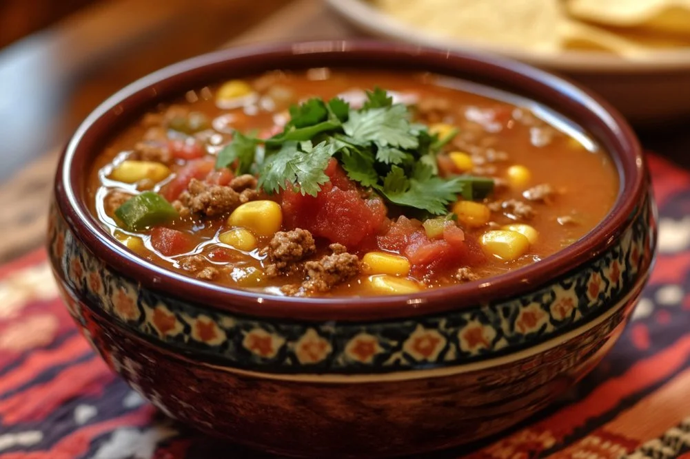 A bowl of delicious Taco Soup Cold garnished with fresh herbs and avocado.