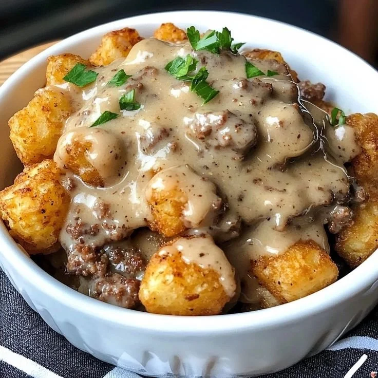 Tater Tot Breakfast Bowl topped with sausage gravy and garnished with green onions.