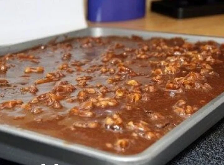 Delicious Texas Turtle Sheet Cake topped with chocolate and caramel drizzles.