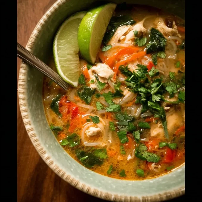 Bowl of Thai-inspired turkey soup garnished with fresh herbs