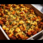 Homemade Thanksgiving stuffing from scratch with herbs and bread cubes