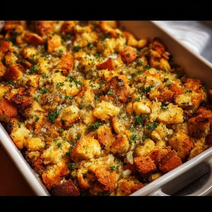 Homemade Thanksgiving stuffing from scratch with herbs and bread cubes