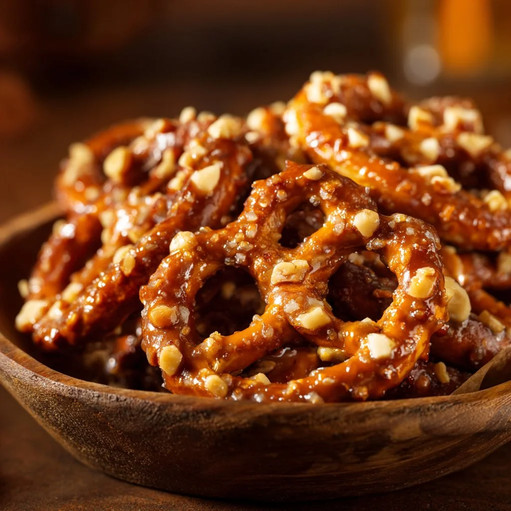 Delicious butter toffee pretzels coated in rich toffee and sprinkled with salt.