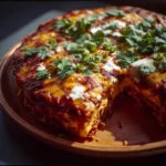 Three-Cheese Red Chile Enchilada Pie topped with cheese and chilies