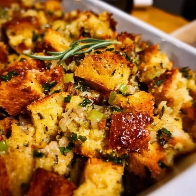 A delicious bowl of traditional Thanksgiving stuffing made with herbs and bread.