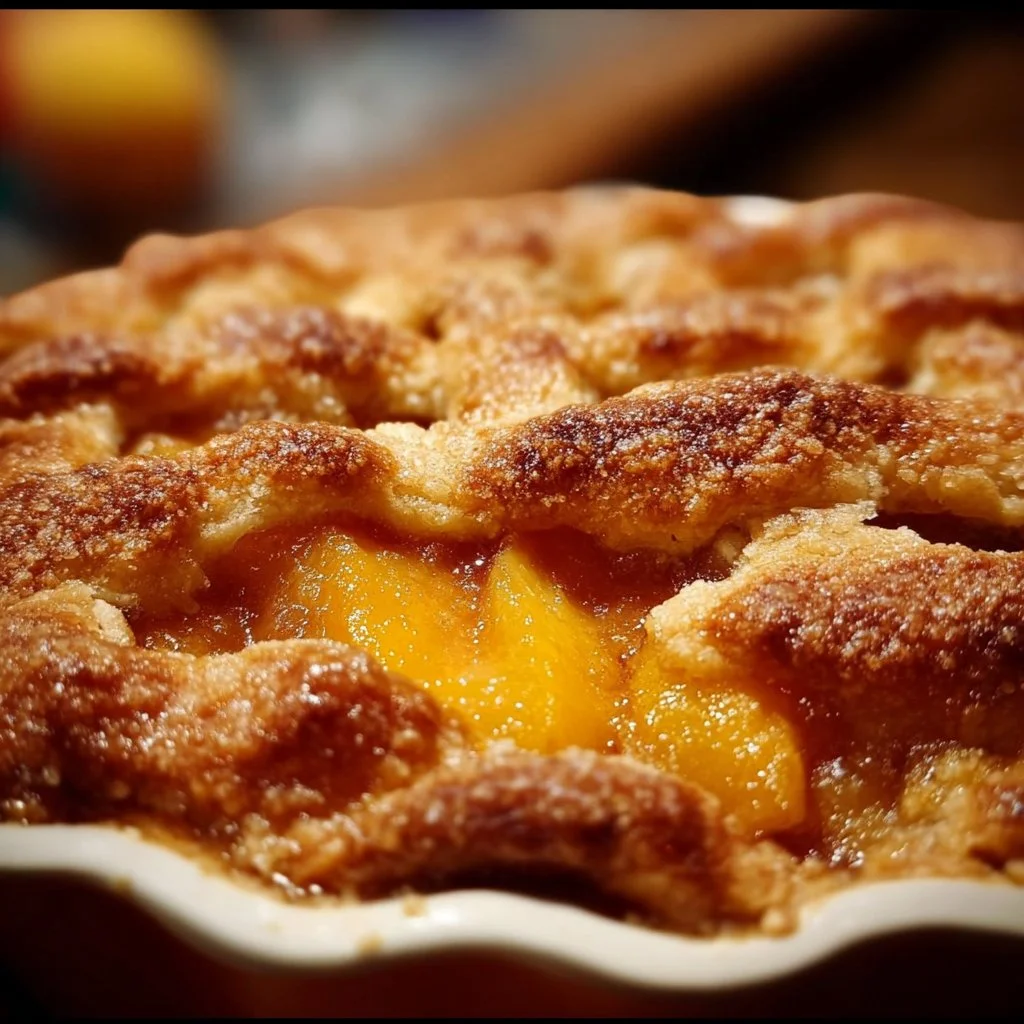 Delicious Triple Crust Peach Cobbler fresh out of the oven.