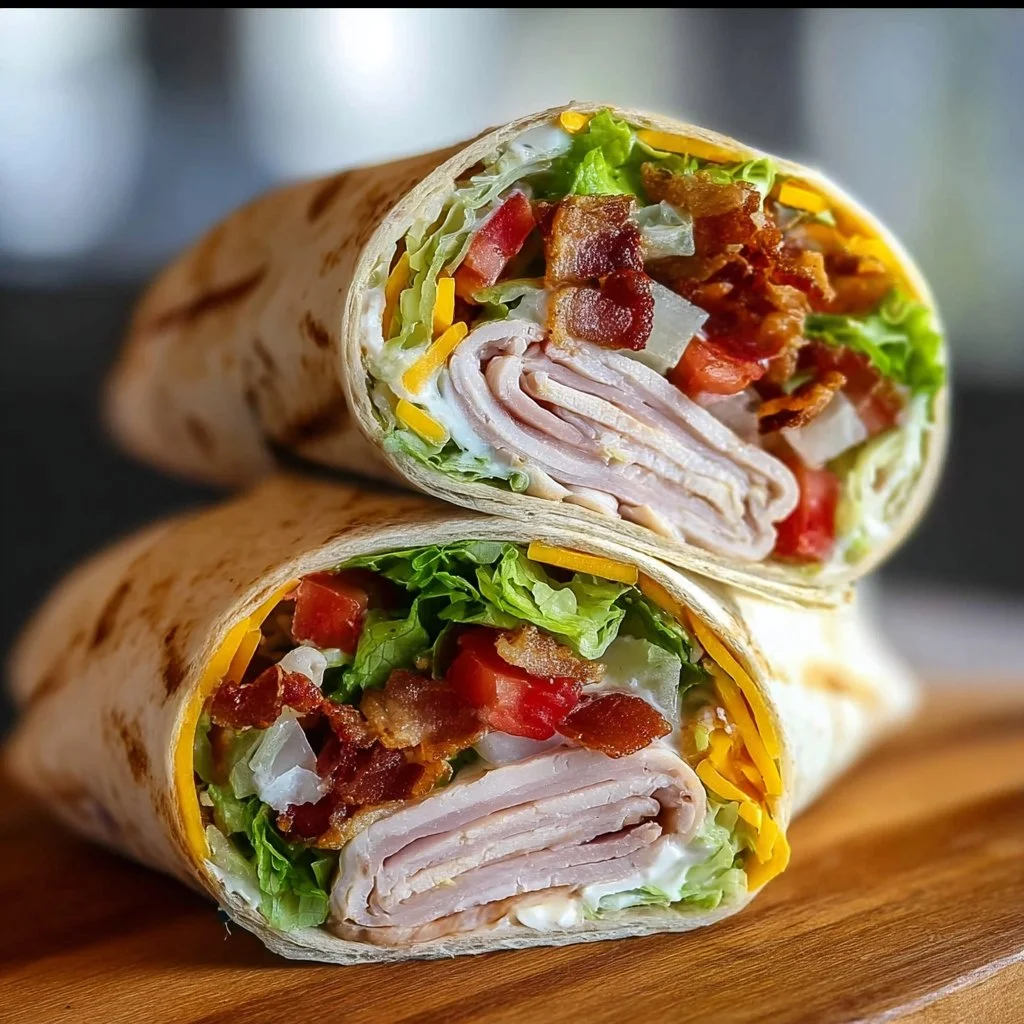 Turkey Ranch Club Wrap with turkey, bacon, and fresh vegetables wrapped in a tortilla