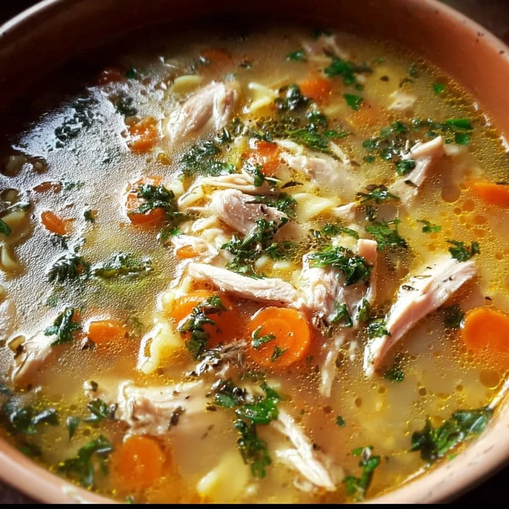 A hearty bowl of homemade turkey soup garnished with herbs.