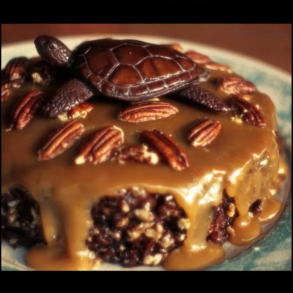 Turtle Caramel Cake with chocolate, caramel, and pecans layered on a plate.