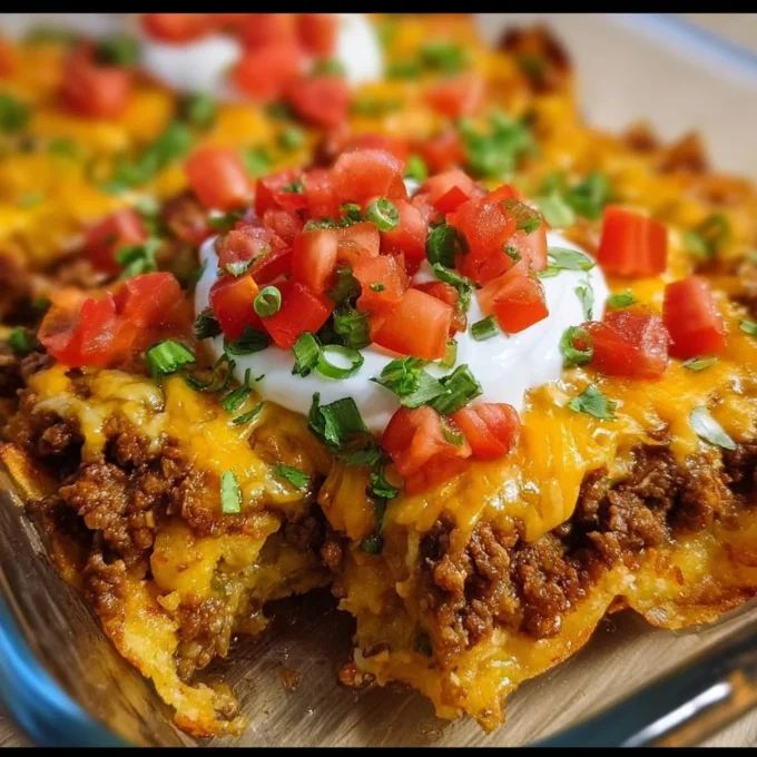 Delicious Walking Taco Casserole with layers of taco ingredients and cheese