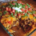Delicious Walking Taco Casserole served in a skillet with toppings