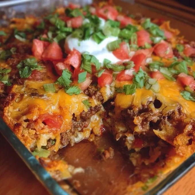 Delicious Walking Taco Casserole served in a skillet with toppings