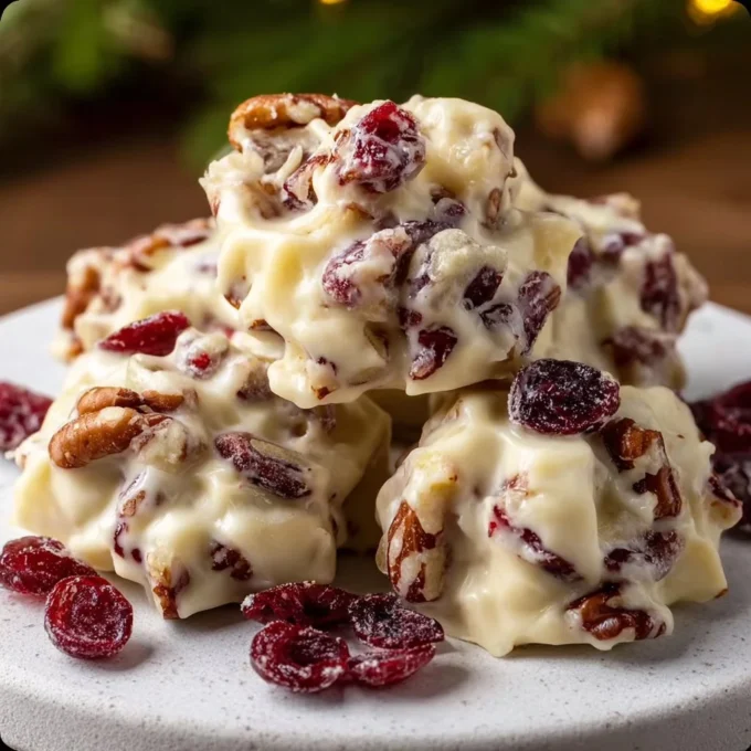 Delicious white chocolate cranberry pecan clusters on a plate