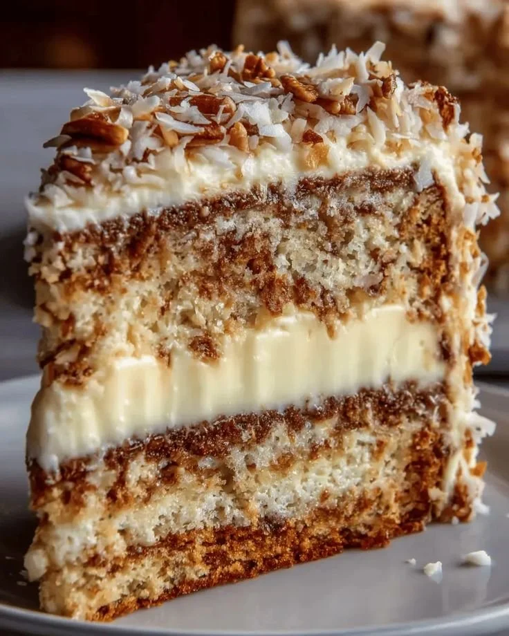 Delicious White German Chocolate Cake with Cheesecake Center